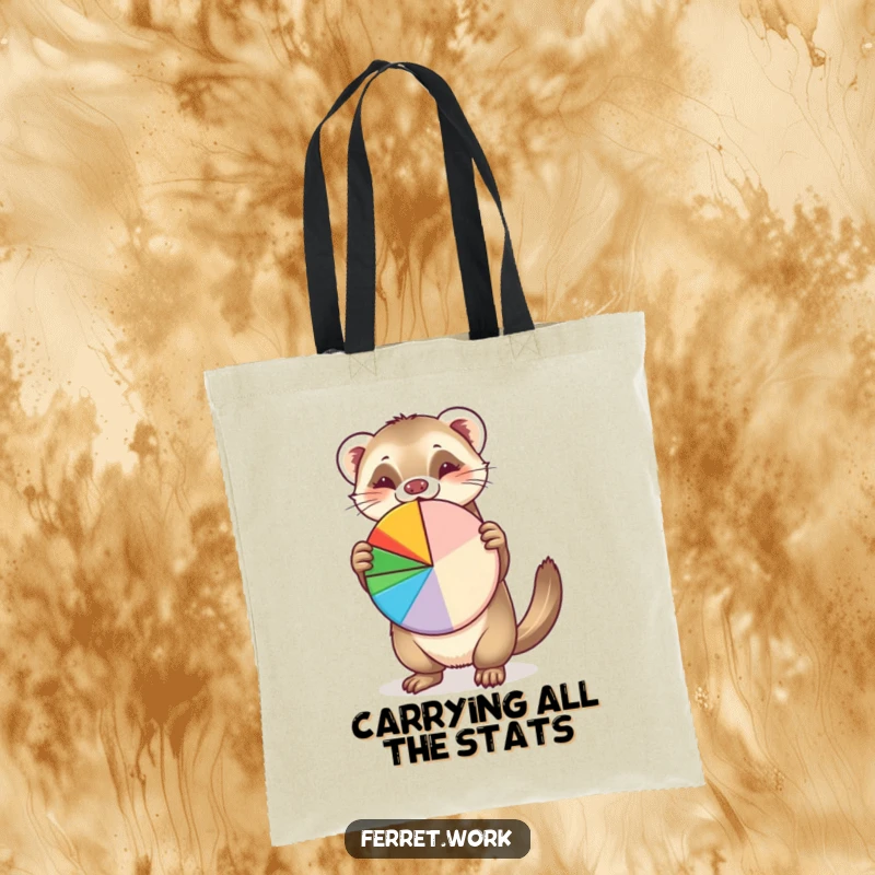 Funny tote bag featuring a cute ferret enthusiastically explaining a colorful pie chart, perfect for shoppers who love humor and data.
