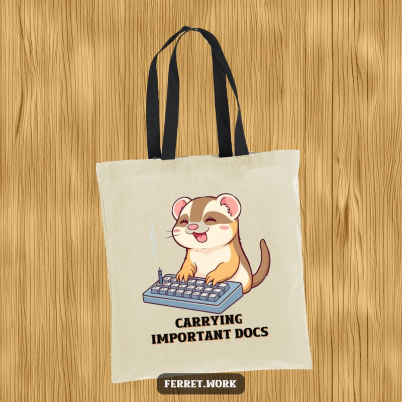 Funny Office Ferret Tote Bag: A kawaii ferret types on a smoking keyboard, a humorous and practical bag for work life.