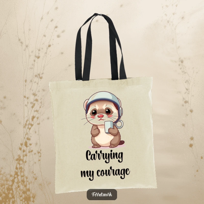 Funny kawaii office ferret wearing a coffee mug as a tiny helmet, looking ready, on a durable tote bag.