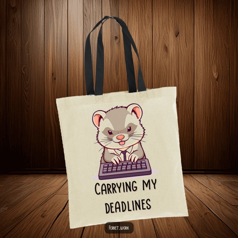 Funny kawaii office ferret typing furiously on a miniature keyboard with intense focus, on a humorous tote bag.