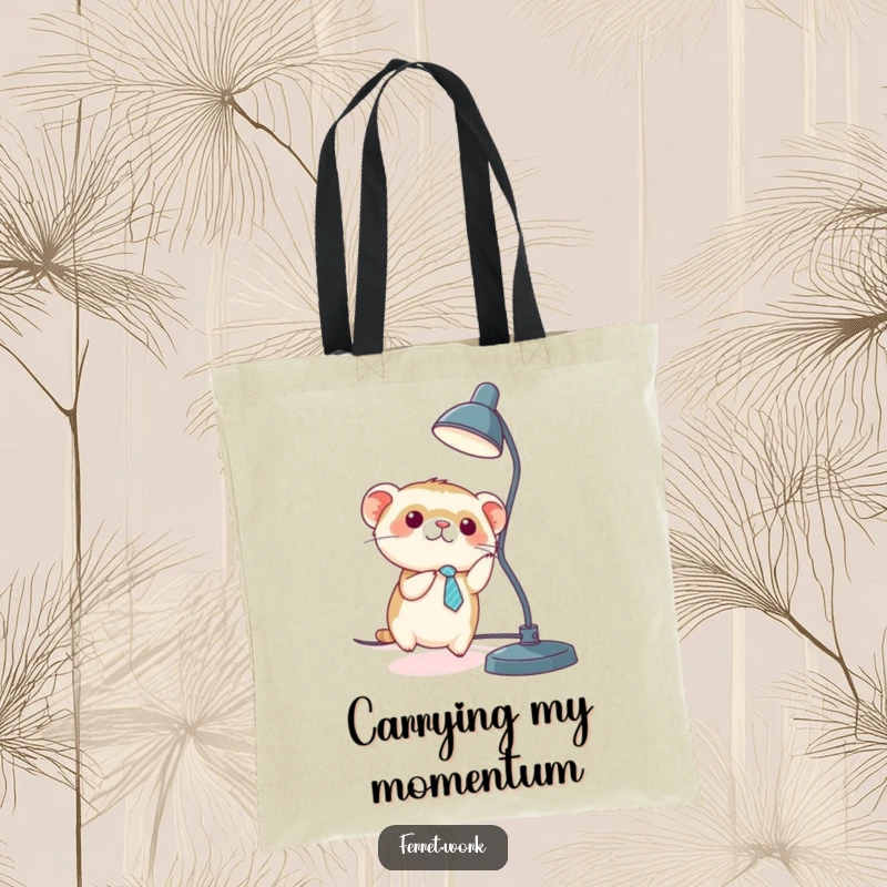 Funny kawaii office ferret wearing a tiny tie, sliding down a desk lamp cord, on a durable tote bag.