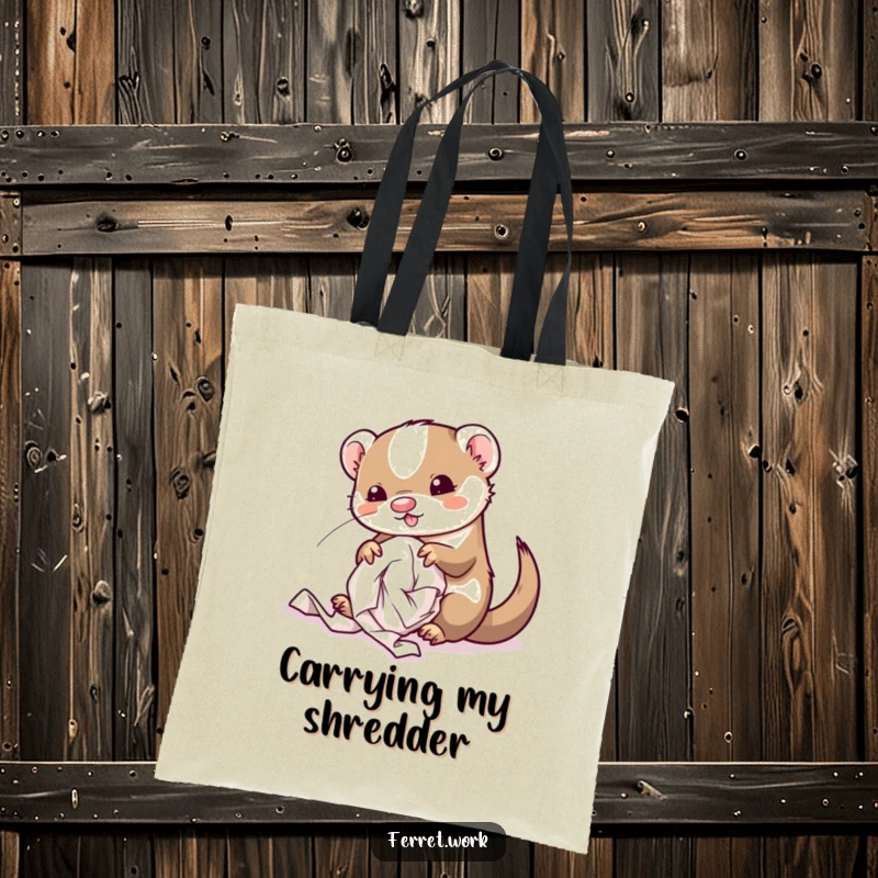 Funny kawaii office ferret looking proud of its paper ball mess, perfect for a humorous tote bag.