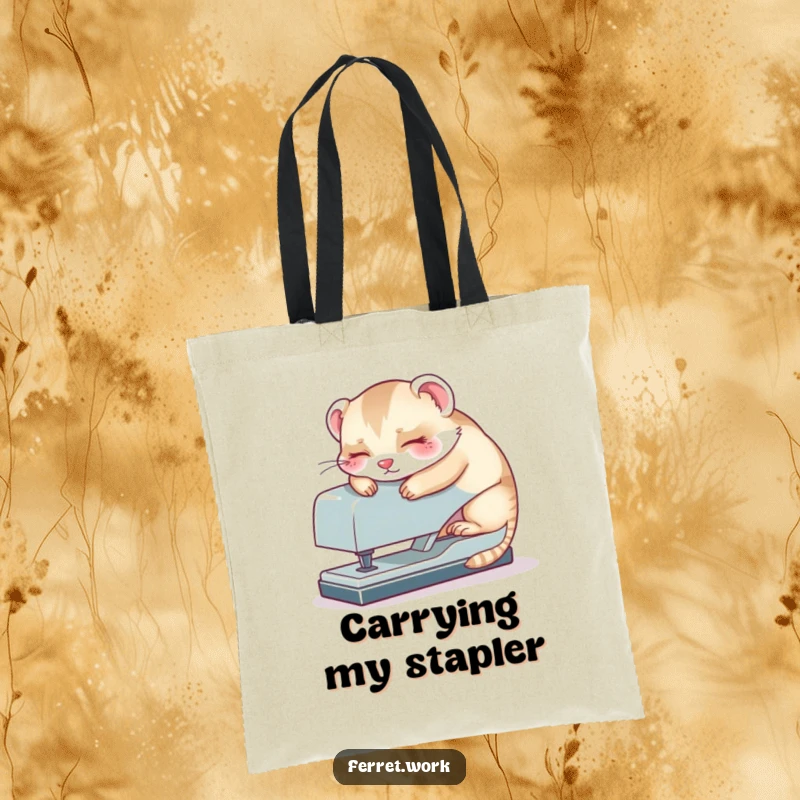 Funny kawaii office ferret snoozing on a large stapler, a cute and humorous tote bag design for everyday use.