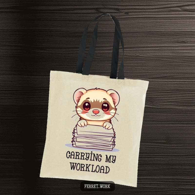 Funny kawaii office ferret peeking over a pile of papers with wide, questioning eyes, on a humorous tote bag.