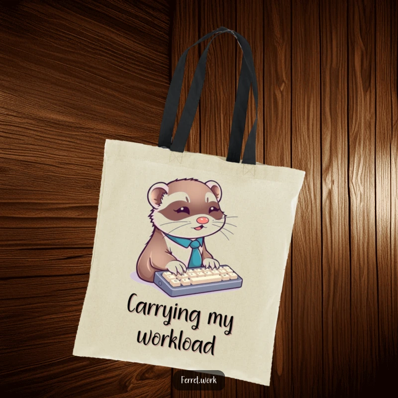 Funny ferret tote bag with a ferret in a tie typing furiously on a keyboard, ideal for carrying work items.