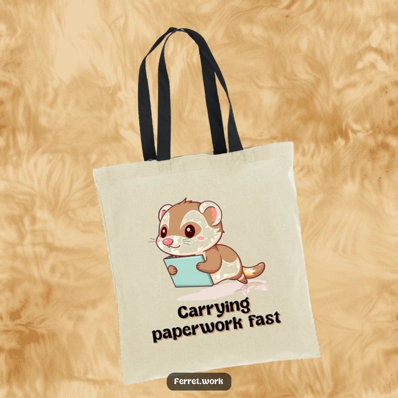 Funny Kawaii Office Ferret Tote Bag: A cute ferret comically slides on a file folder across a polished floor, perfect for office commutes.