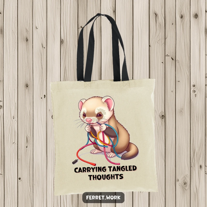 Funny tote bag with a ferret playfully untangling a colorful mess of wires, representing playful chaos and solutions, funny gift.