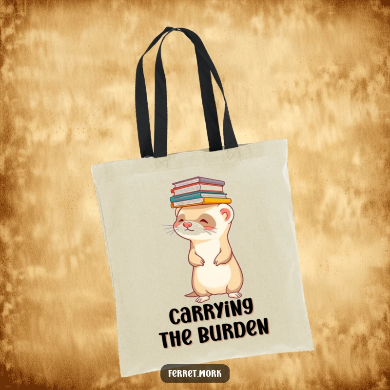 Funny ferret tote bag showing a ferret balancing a tall stack of files on its head. Great for work.