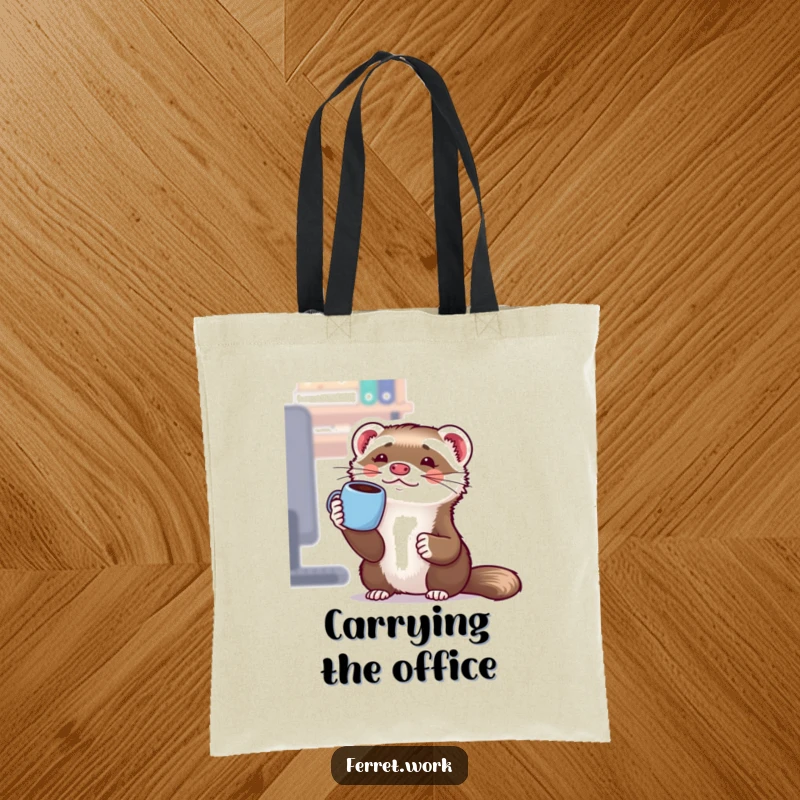 Funny Kawaii Office Ferret Tote Bag: A cute ferret comically balances a coffee mug on its nose, perfect for office commutes.