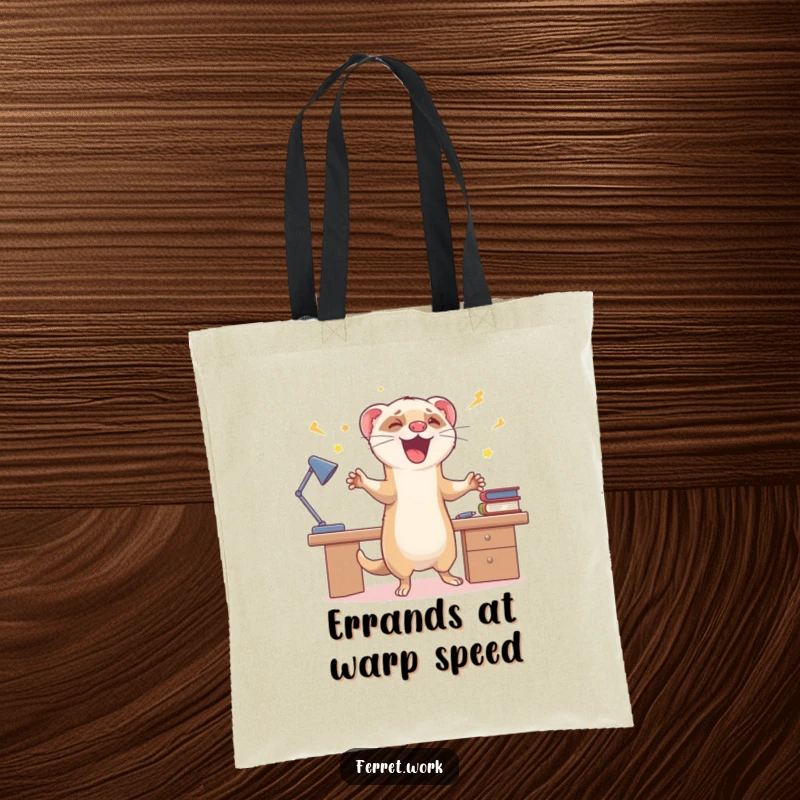 Funny tote bag featuring a ferret doing enthusiastic zoomies around a desk, perfect for carrying items with high energy.