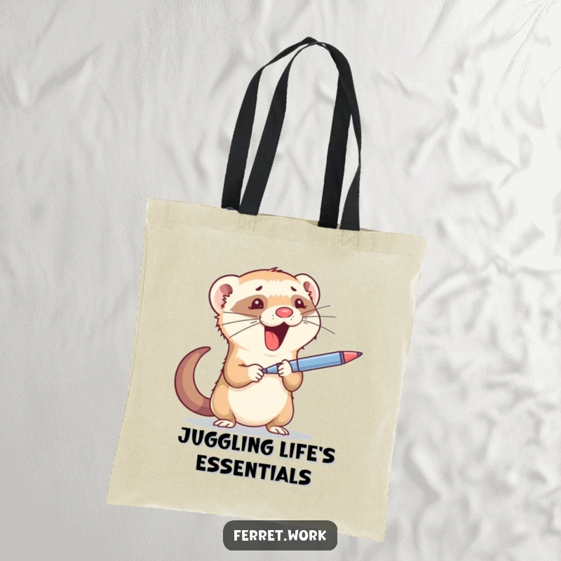 Funny tote bag: A very busy ferret masterfully juggling a pen and stapler, ready to carry your essentials.