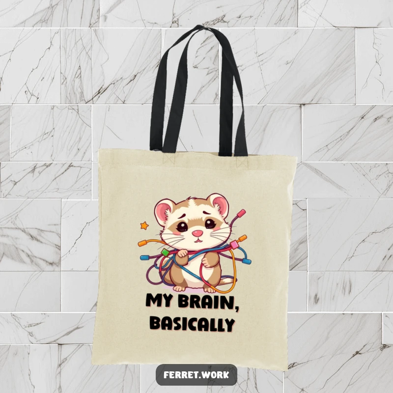 Funny confused kawaii office ferret tangled in colorful electronic wires, a humorous tote bag for everyday use.