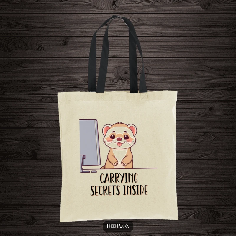 Funny tote bag with a cheeky ferret peeking from behind a computer monitor, showing off a wide grin, perfect for techies, funny gift.