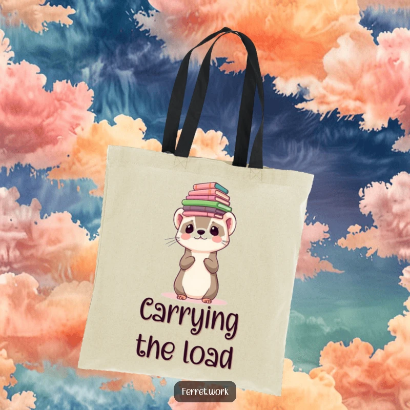 Funny ferret character balancing a stack of forms on its head on a tote bag, for carrying essentials humorously.