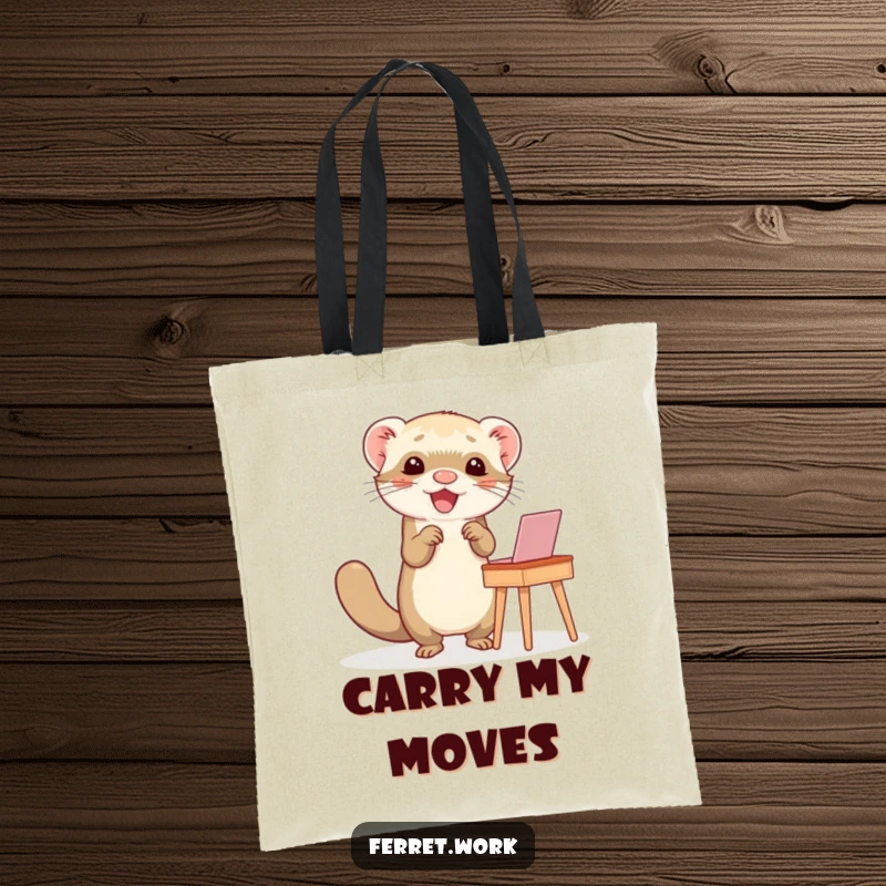 Funny tote bag with a ferret doing a happy dance at a small desk, perfect for carrying items with cheerful energy.
