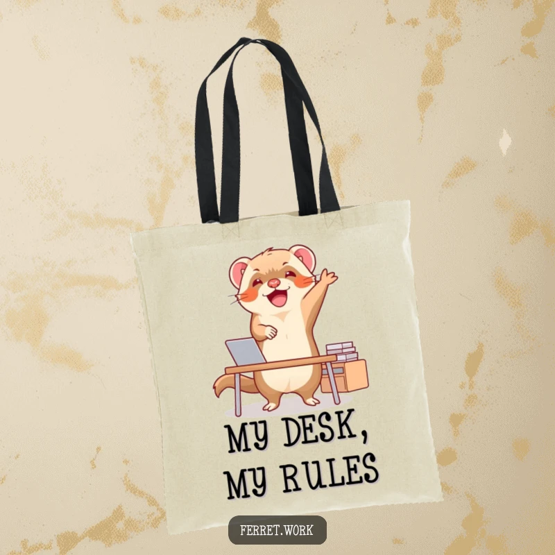 Funny ferret captured mid-happy dance at a small desk, a playful and energetic design on a practical tote bag for laughs.