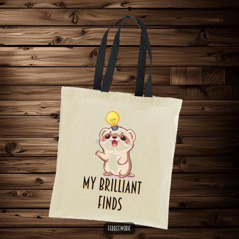 Funny tote bag with an excited ferret sporting a brightly lit lightbulb above its head, symbolizing a brilliant idea.