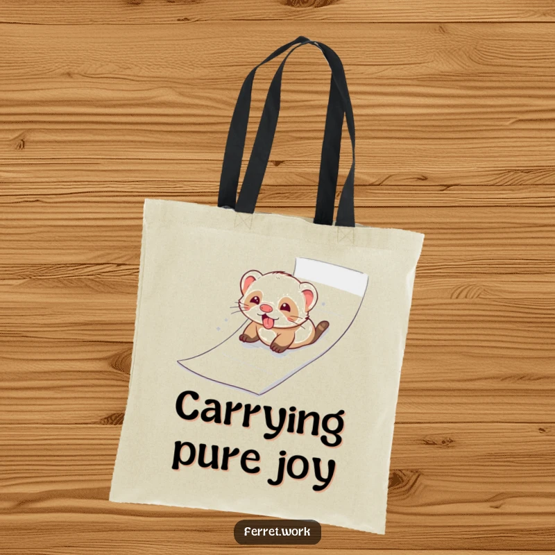 A ferret joyfully sliding down a ream of paper like a slide, on a stylish and functional tote bag.