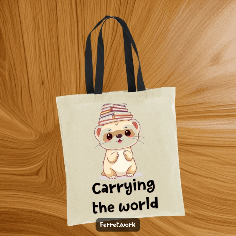 Funny ferret tote bag with a ferret balancing a stack of papers on its head, ideal for carrying documents.
