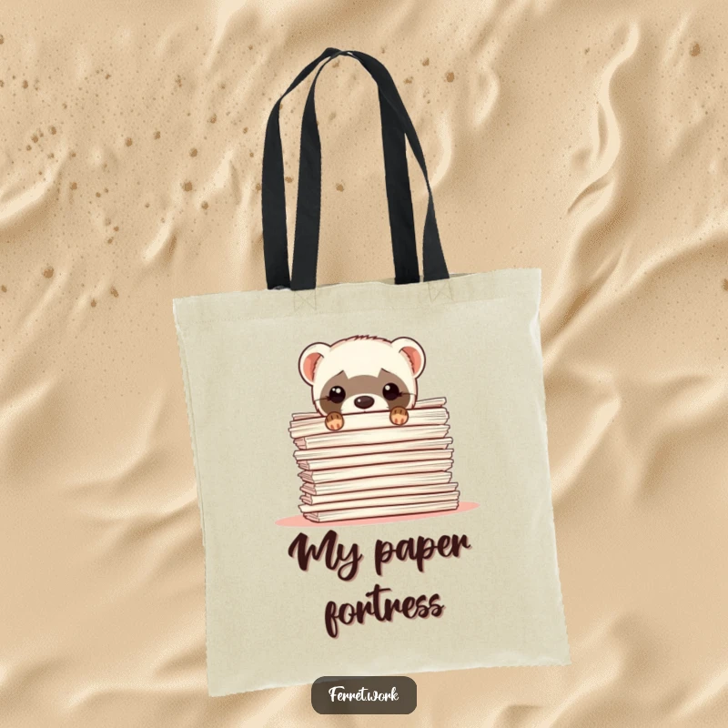 Funny ferret tote bag with a shy ferret peeking from behind a large stack of papers, great for work.