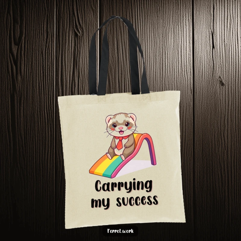 Funny ferret tote bag, a ferret in a tie sliding down a rainbow office slide, ideal for carrying essentials with cheerful humor.