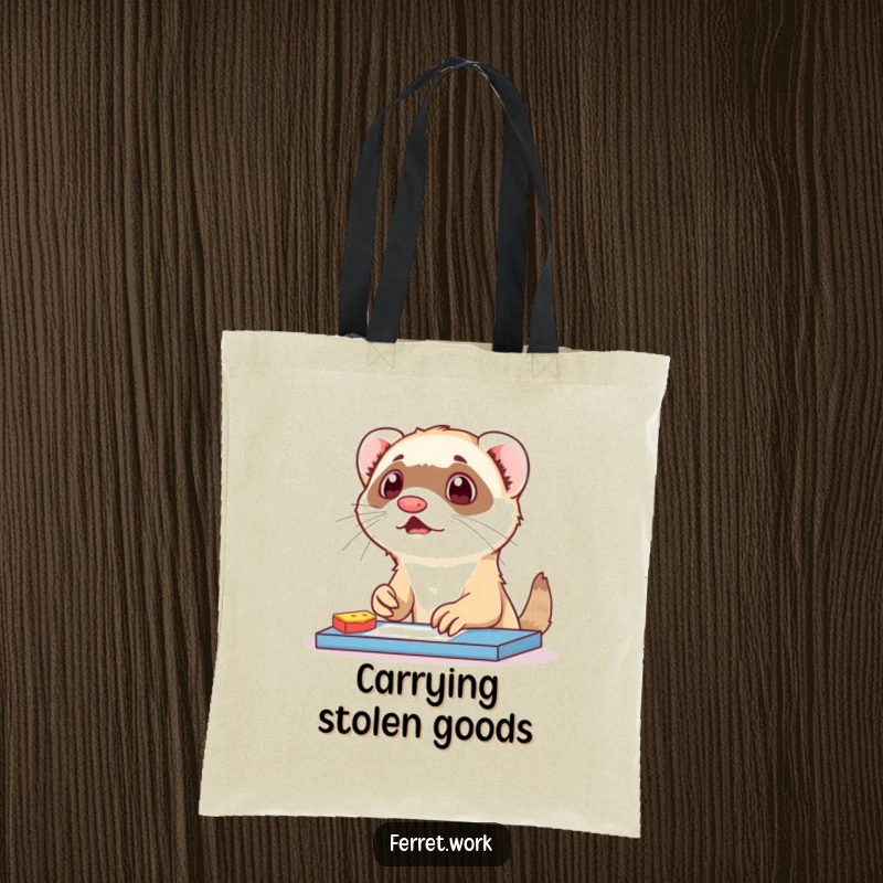 Funny ferret tote bag showing a surprised ferret caught snacking at a desk. Hilarious and practical.