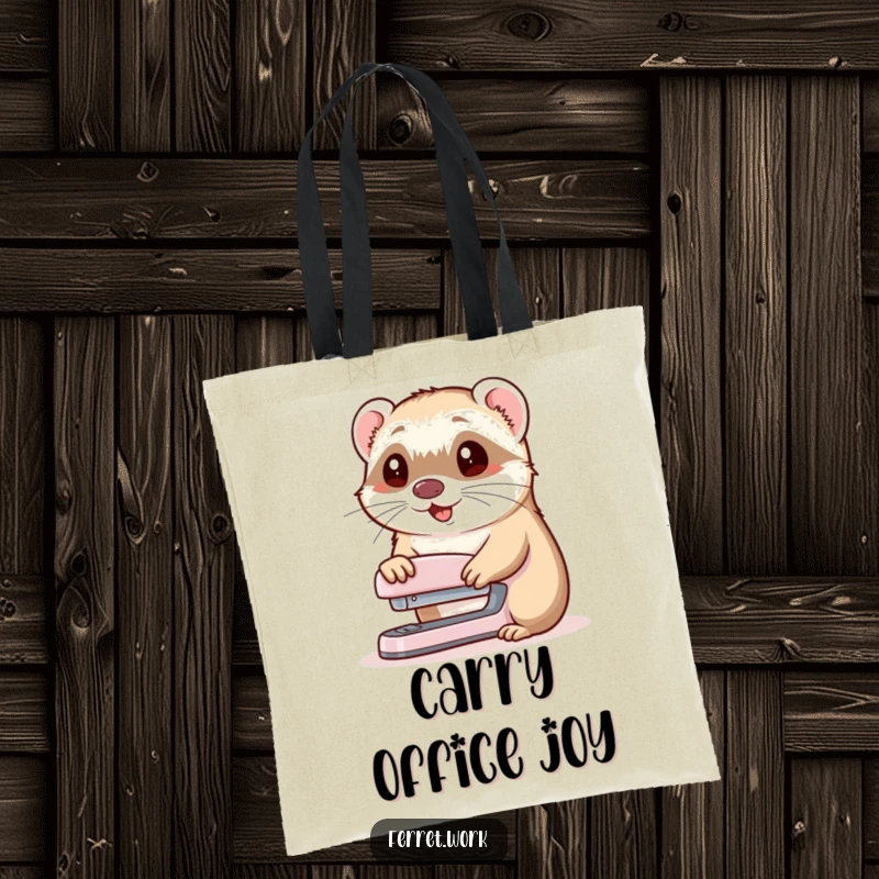 Funny tote bag with a ferret offering a stapler and nodding cheerfully, perfect for carrying office supplies humorously.