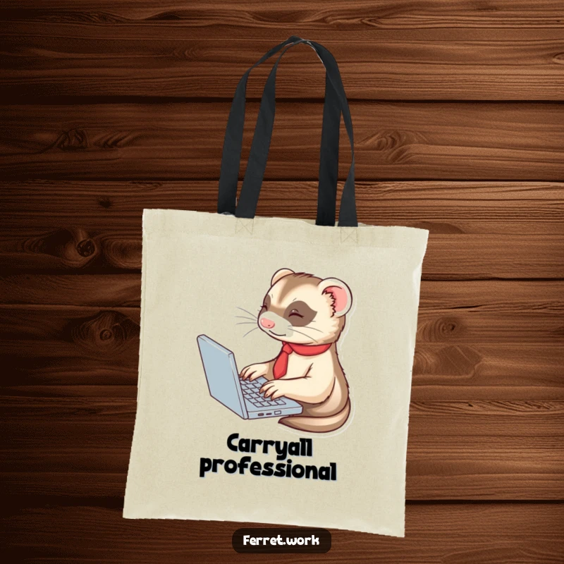 A cute, tie-wearing ferret enthusiastically typing on a laptop, on a stylish and functional tote bag.