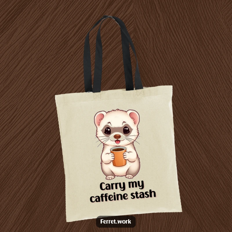 Funny tote bag illustrating an energetic ferret gripping a small coffee cup, ready for errands with a smile.