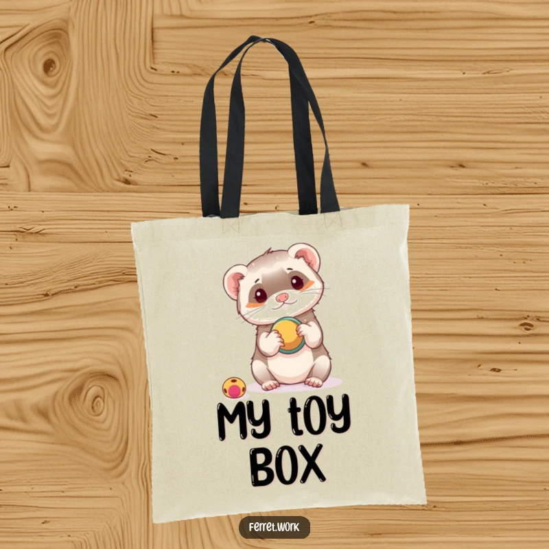 Funny tote bag with a ferret playing with a hole punch as a toy, symbolizing a resourceful and humorous approach.