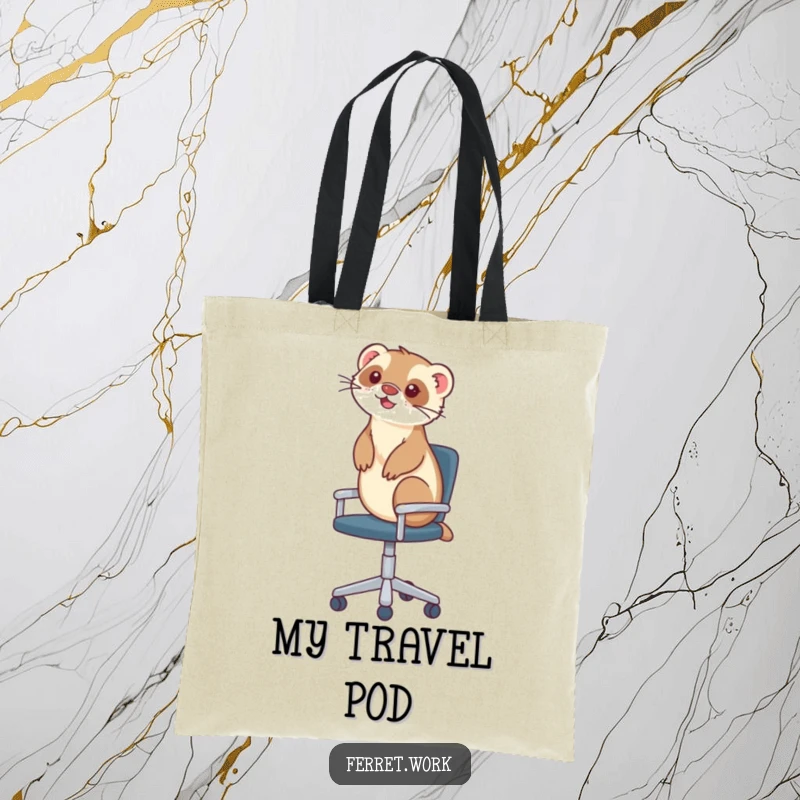 Funny tote bag with a ferret joyfully riding an office chair, symbolizing a speedy and humorous commute.