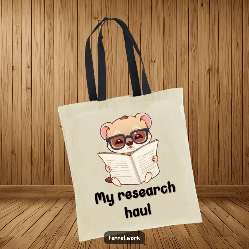 Funny tote bag with a ferret wearing glasses, looking amused while reading a large document, ideal for carrying books.