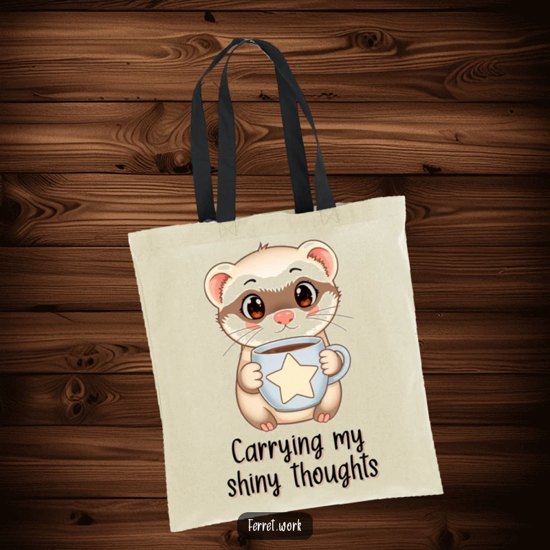 Funny Ferret Tote Bag showing a curious ferret with huge eyes, holding a star-shaped coffee mug, ideal for carrying daily items.