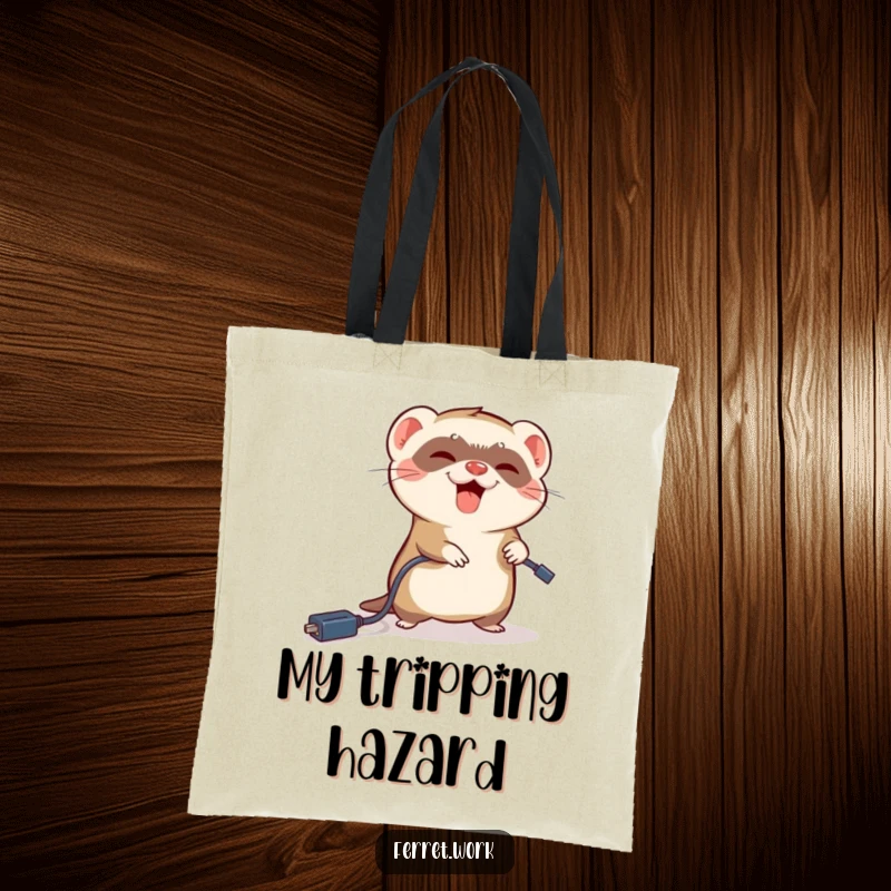 Funny ferret tote bag with a ferret comically tripping over a dangling power cord, great for everyday.