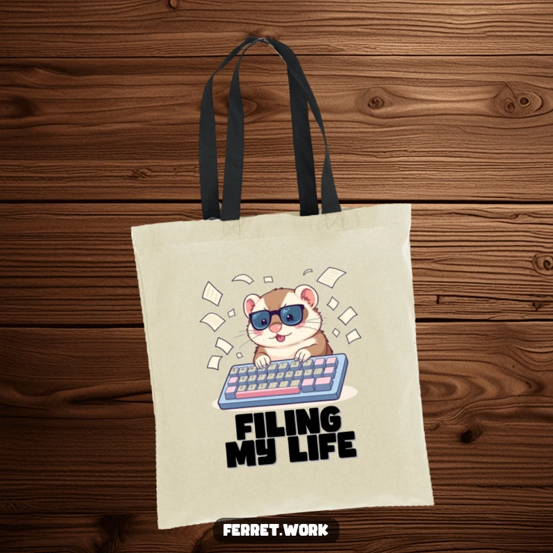 Funny ferret tote bag, a ferret typing intensely on a large keyboard with papers flying, ideal for carrying work essentials humorously.
