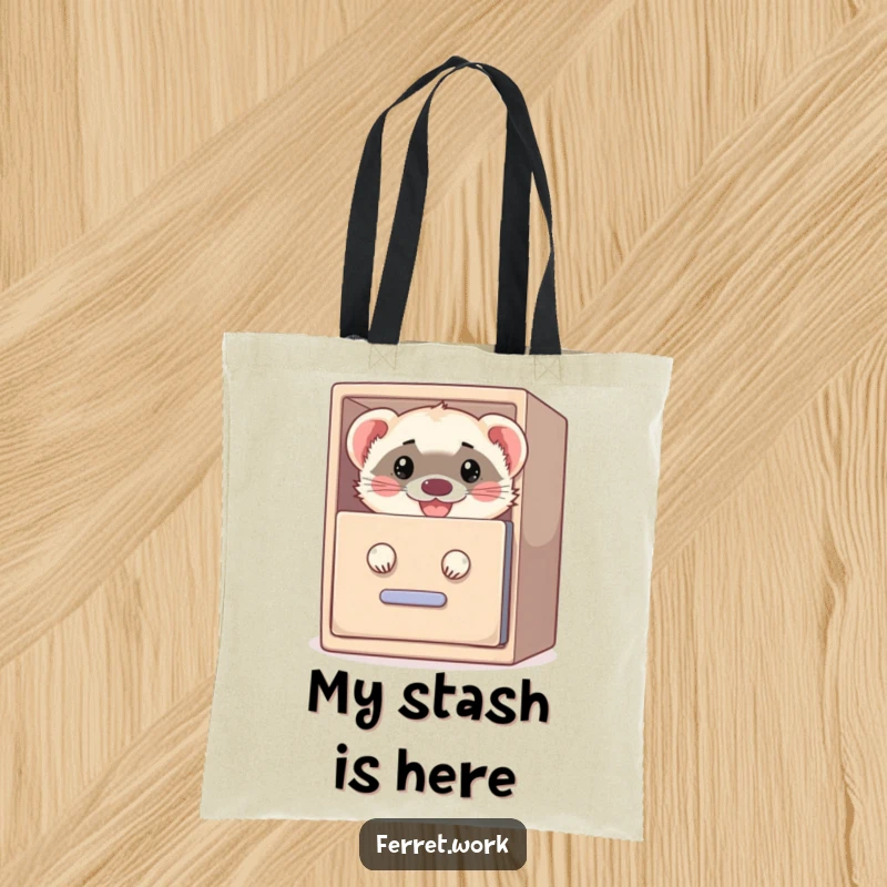 Funny tote bag featuring a grinning ferret peeking out from a filing cabinet, perfect for carrying items with a hint of mischief.