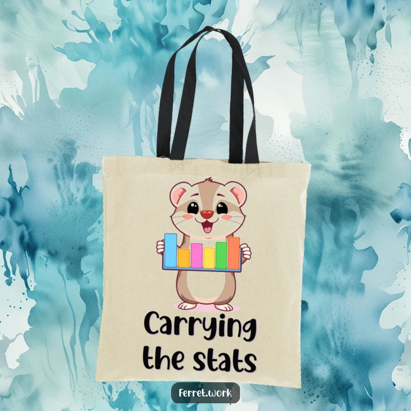 Funny kawaii ferret character enthusiastically presenting a colorful bar graph on a durable tote bag for shopping.