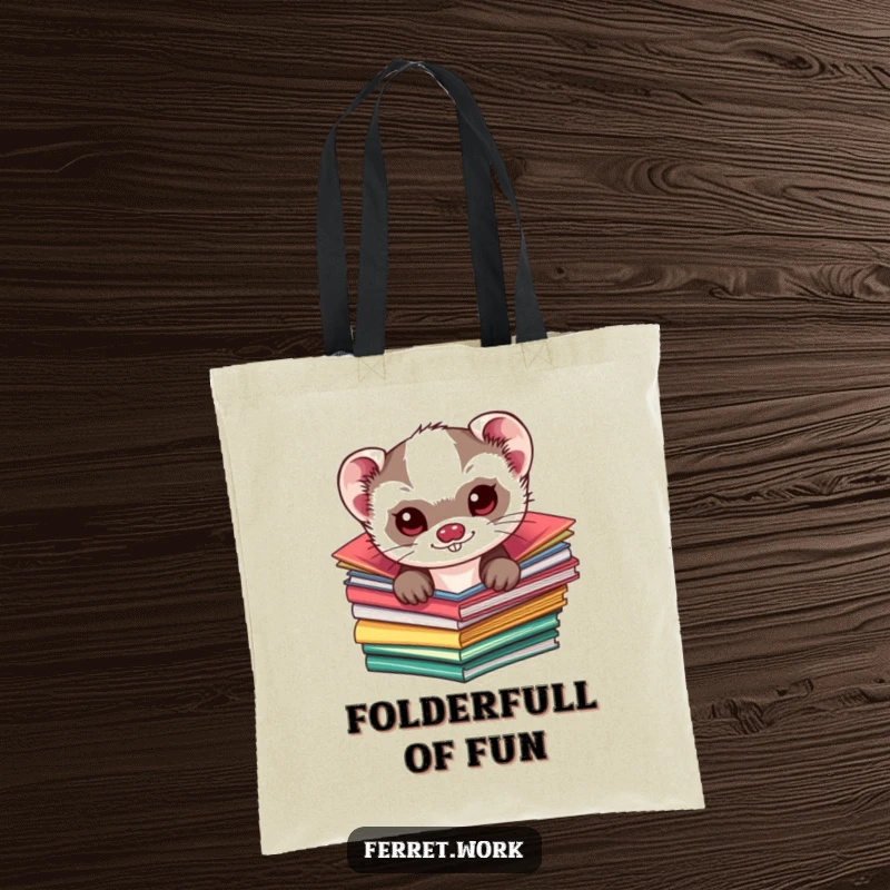 Funny kawaii ferret tote bag, a mischievous cute ferret peeking from colorful folders, ideal for carrying essentials with charm.