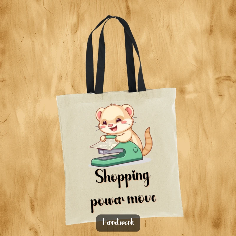Funny kawaii office ferret joyfully stapling papers with a comically huge stapler, depicted on a functional and humorous tote bag.