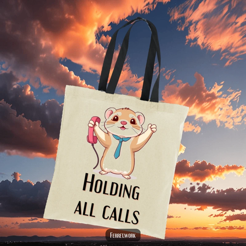 Funny triumphant kawaii office ferret holding a phone cord, a humorous and practical tote bag for everyday heroes.
