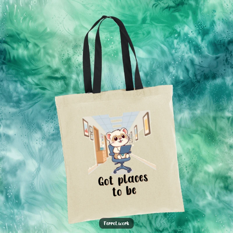 Funny kawaii office ferret zooming down an office hallway on a squeaky swivel chair, captured in a spirited, humorous moment.