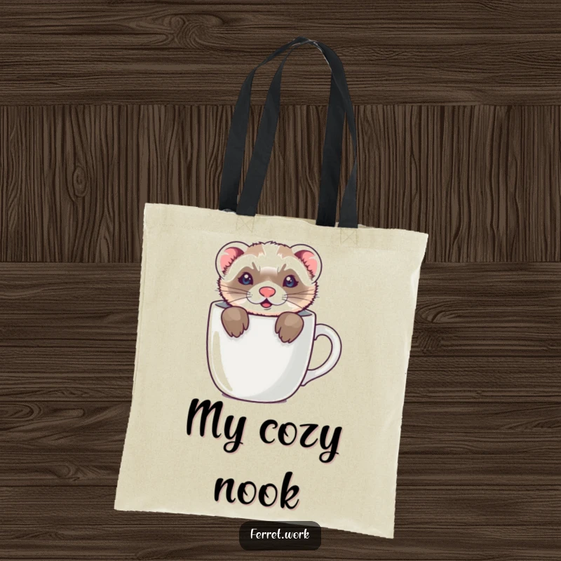 Funny tote bag with a ferret hiding in a coffee mug, showing only its ears, a humorous and charming accessory.