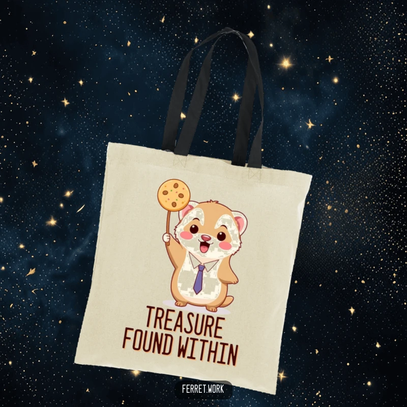 Funny kawaii office ferret triumphantly holding up a single, delicious cookie, on a durable tote bag.