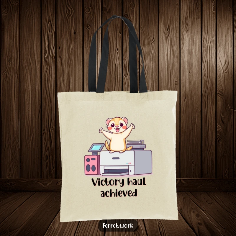Funny kawaii office ferret doing a silly victory dance on top of a printer, a humorous and functional tote bag.